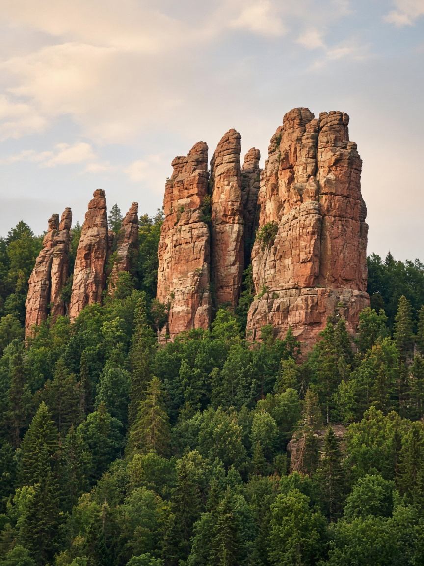 Vertikale Sandsteintürme über dem Wald bei Dahn