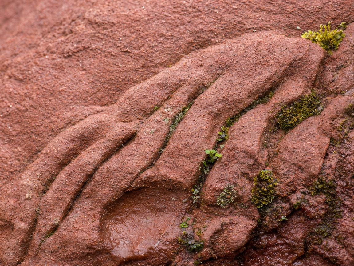 Nahaufnahme von warmem Buntsandstein mit feinen Schichten und Eisenoxid