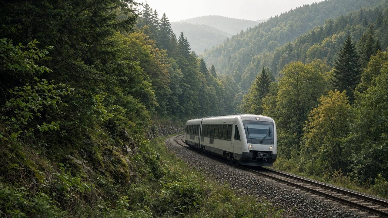 Regionalbahnlinie am Waldrand mit bewaldeten Hängen